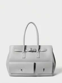 SHECARRY Casual Simple Solid Color Tote Bag, Commuter Bag - Light Grey - View 3