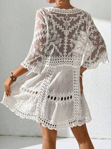 Swim Vcay Women's Geometric Embroidered Mesh Deep V-Neck 3/4 Sleeve Coverup Dress For Summer Beach Vacation