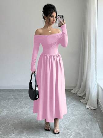 Rafferiza 1 件纯色露肩修身优雅长袖连衣裙长款女装