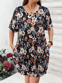 SHEIN LUNE Robe de style quotidien à col en V, de grande taille, en tissu camouflage vert armée, pour un look casual sportif