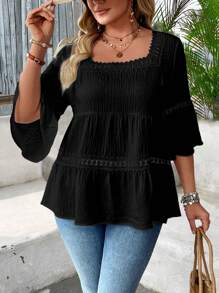 SHEIN LUNE 大码女式纹理竹子条纹喇叭袖荷叶边领衬衫，适合度假 - 黑色 - 查看 3