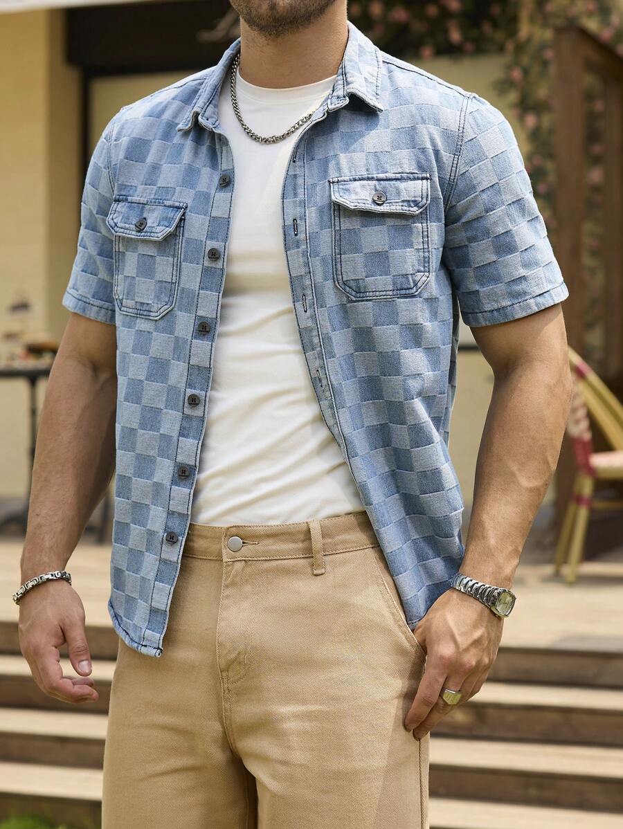 Manfinity Homme Men's Checkerboard Print Short Sleeve Single Breasted Pocket Denim Casual Shirt