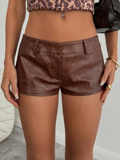 Aloruh Women's Sexy And Fashionable Retro Pattern PU Super Low Waist  Shorts Mini Leather Shorts Brown Shorts Brown Leather Short