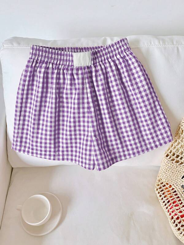 Comfortcana Women's Purple Gingham Woven Fabric Casual Shorts: Breathable And Comfortable For Everyday Wear