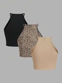SHEIN EZwear 3件套休闲黑色和卡其色豹纹吊带背心，适合夏季穿着 - 彩色 - 查看 2