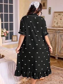 CottageSlumber Plus Size Floral Cherry Print Ruffle Collar Open Front Nightgown, Moo Moo Sleep Dress Cozy And Elegant Details - Black - View 2