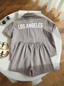 SHEIN Leap Crew 2 件套年轻男孩紫色可爱字母印花短袖上衣 + 纯色短袖衬衫 + 短裤套装，适合春夏季，适合派对 - 淺灰色 - 查看 4
