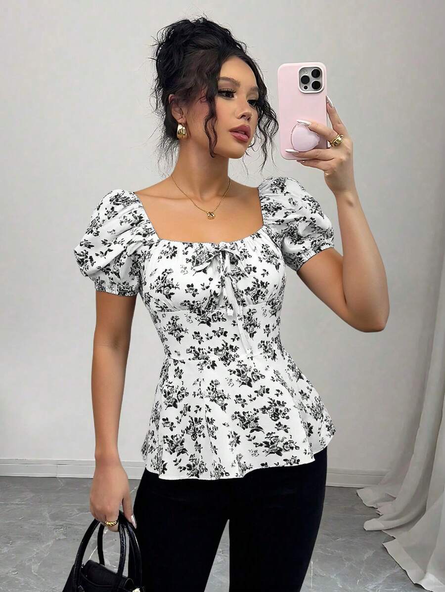 Chiquease Women's Fashion Elegant Ditsy Floral Ruffled Blouse - Black and White - View 1