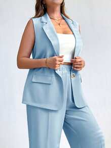 SHEIN Essnce 女士夏秋装秋季女装商务女装时尚休闲通勤度假工作办公室服装商务休闲骄傲服装大码纯色单排扣无袖西装外套女士夹克秋季夹克女士西装外套 - 淺藍色 - 查看 6