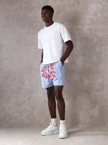SUMWON Pantalones cortos deportivos de verano con estilo casual de caída de entrepierna, con estampado de rayas, ligeros, con ajuste relajado para caminar, correr, playa, vacaciones, con estampado de grafiti en estilo urbano - Azul y blanco - Ver 3