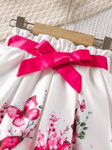 SHEIN Girls Elegant Lady-Like Gradient Floral Pattern Pink Belt Pleated Dress, For Vacation,Holiday,Summer,Travel - Multicolor - View 4