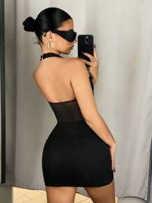 SHEIN ICON Sexy Summer Halter V-Neck Fitted Waist Tie Mini Dress - Black - View 2