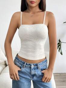 SHEIN EZwear 女士夏季优雅纯色蕾丝吊带背心 - 白色 - 查看 4