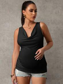 MaterniChic Maternity Casual Black Cowl Neck Sleeveless Ruched Knitted Cami Tank Top