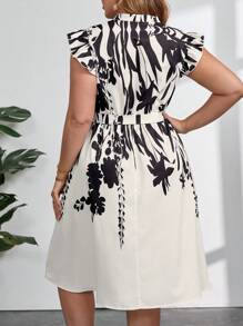 SHEIN Clasi 加大码图案缺口领口荷叶边饰带装饰连衣裙，女士夏季服装，毕业礼服，优雅女士连衣裙，女士西式连衣裙，女士派对连衣裙，度假连衣裙，女士办公室服装，花裙 - 彩色 - 查看 2