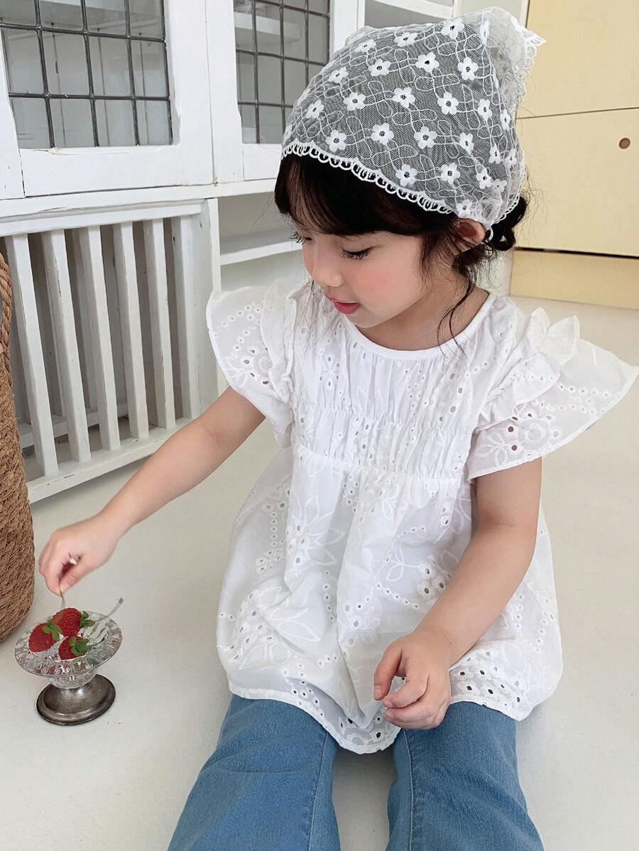 DAZY 年轻女孩休闲圆领荷叶边盖袖衬衫，女孩夏季服装 - 白色 - 查看 1