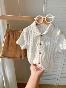2 件套男婴/女婴休闲百搭白色纯色镂空针织柔软圆领短袖开衫上衣和撞色卷边舒适短裤，适合春夏季穿着 - 卡其色 - 查看 4