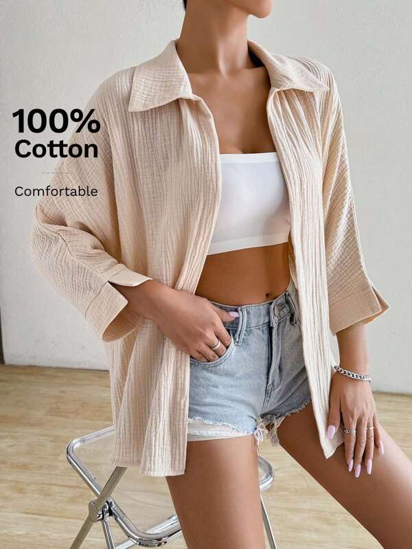 SHEIN EZwear Cămașă cu mânecă liliac texturată, casual, de vară, de damă