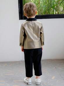 SHEIN 2 piezas Conjunto de traje de caballero encantador para niños, que incluye chaqueta de cuello alto de color brillante y pantalones negros elegantes, adecuado para celebraciones, actuaciones en el escenario, ceremonias de premiación y eventos como bodas, invitados de bodas, paje, y portador de anillos