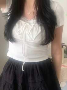 DAZY Women's Solid Color Fitted Contrast Lace Cropped White T-Shirt, Spring/Summer Delicate Lace - White - View 5