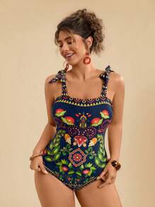 Travachic Traje de baño de talla grande para mujer con estampado retro tropical, lazo en los hombros y envolvente