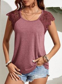 SHEIN Frenchy 女士夏季純色蕾絲拼接寬袖休閒合身T恤