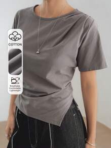 Dazy-Less 女士简约纯色商务休闲不对称下摆褶皱侧开衩短袖 T 恤，夏季 - 灰色 - 查看 1