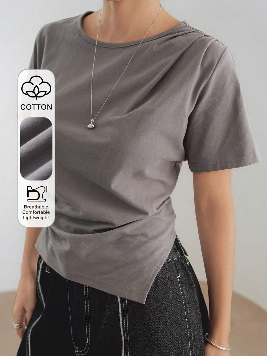 Dazy-Less 女士简约纯色商务休闲不对称下摆褶皱侧开衩短袖 T 恤，夏季 - 灰色 - 查看 1