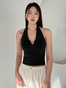 DAZY Heart Ring Linked Backless Crop Halter Top Tank Tops Festival Outfits - Black - View 5