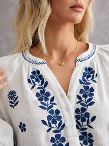 Poéselle Winter Women's Clothing, White, Effortlessly Chic Essential, Linen Long Sleeve Embroidered Shirt, French Embroidered Shirt Women's Embroidered Decorative Long Sleeve Shirt, Bohemian Style White Shirt, Delicate Embroidery, Luxurious Fabric, Superior Breathability, This Clothing Perfect For Daily Wear, Commuting, Vacation - White - View 6