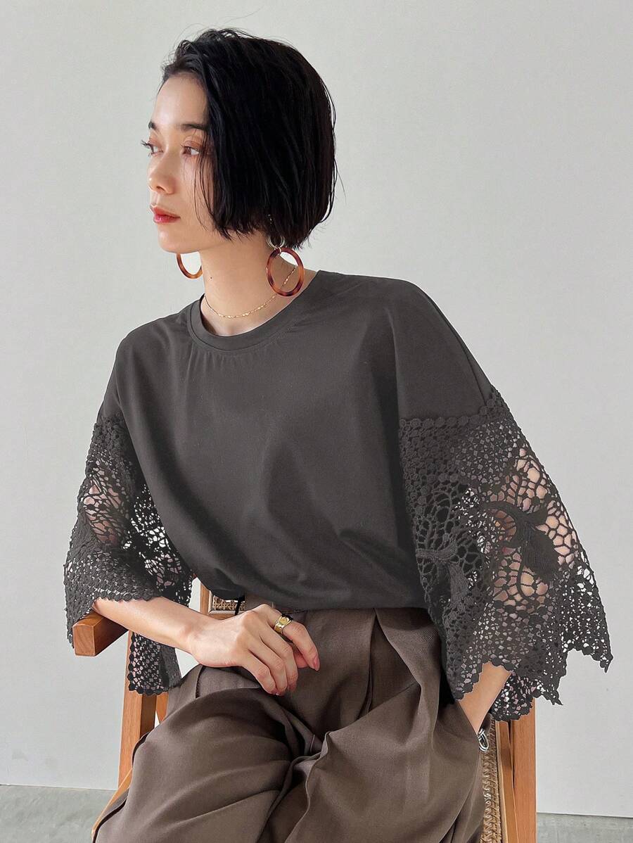 FRIFUL Women's Summer Casual Solid Color Lace Patchwork T-Shirt Lace Top Lace Sleeve Top Knit Top Summer Top Women Top