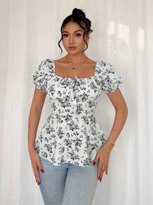 Chiquease Women's Fashion Elegant Ditsy Floral Ruffled Blouse - Black and White - View 6