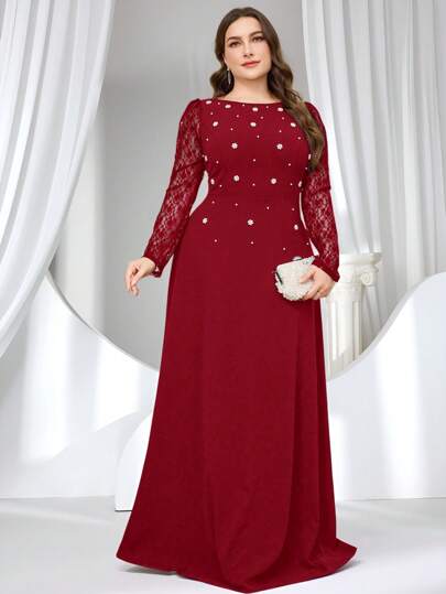 Coutiva 大码优雅泡泡珠撞色蕾丝A字中长连衣裙，派对礼服，婚礼宾客礼服，正式礼服，晚礼服，长裙，情人节礼服