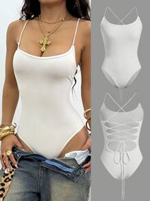 Coolane Women's Summer Y2K Streetwear  Music Festival Minimalist  Break Outfits Gyaru Cut Out Straps Backless Bodysuit - White - View 6