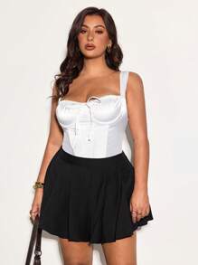 SHEIN BAE Plus Size Women's Black Wide Leg Flare Skort Shorts, Loose, Comfy, Elastic Waist, High-Waisted, Jean Shorts, Black Shorts, Summer Shorts, Plus Size Shorts, High Waisted Shorts, Ruffle Shorts, Micro Shorts, Mini Shorts, Beach Shorts, Bermuda Jeans