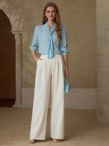 MOTF PREMIUM FAUX PEARL FOLD PLEATED SUIT PANTS - Beige - View 5