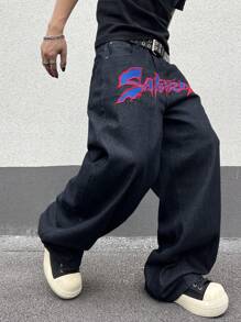 Manfinity EMRG Men's Letter Print Front Pocket Loose Denim Overalls Wide Leg Long Pants - Black - View 6