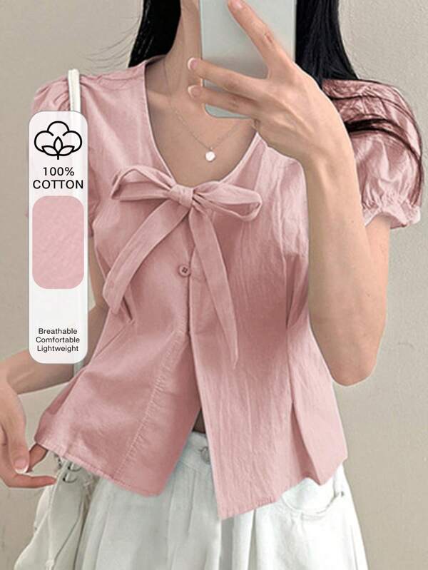 DAZY Women's Puff Sleeve Bowknot Front Cropped Fitted Short Sleeve Blouse, Spring/Summer Cute Tops