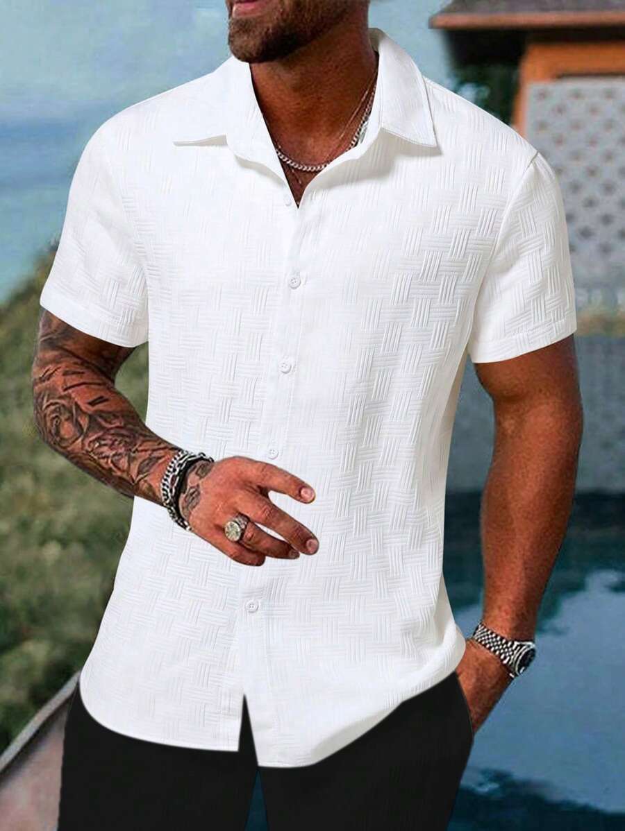 Manfinity Homme 男士纯色短袖单排扣休闲办公衬衫男士修身衬衫男士夏季衬衫男士衬衫休闲时尚男士短袖衬衫男士短袖正装衬衫男士正装衬衫短款 - 白色 - 查看 1