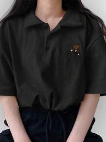 DAZY Summer Casual Loose Bear Printed Drop Shoulder Polo Collar T-Shirt