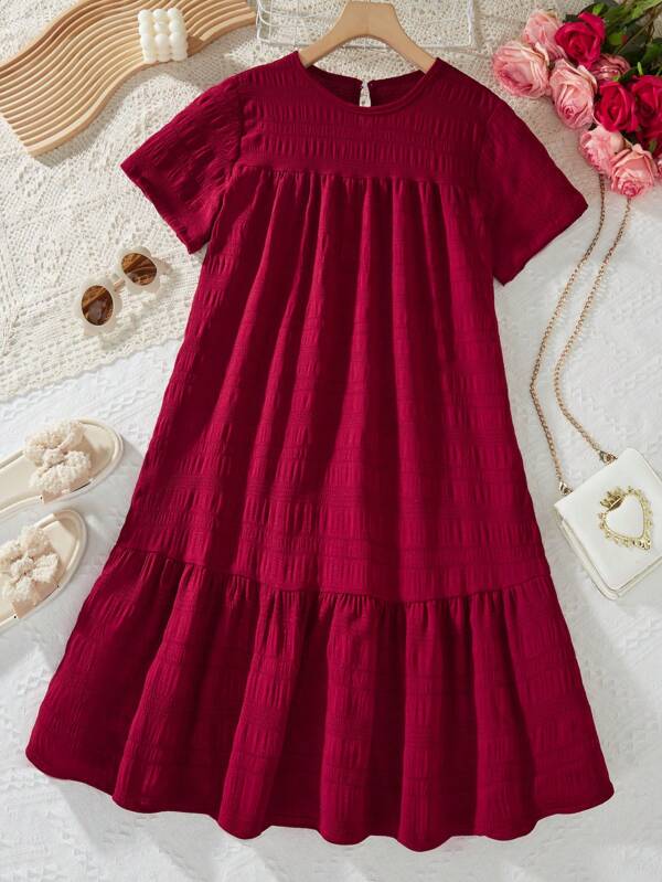 Wildeya Twee Girl Pink Texture Fabric Comfortable Casual Loose Vacation Dress