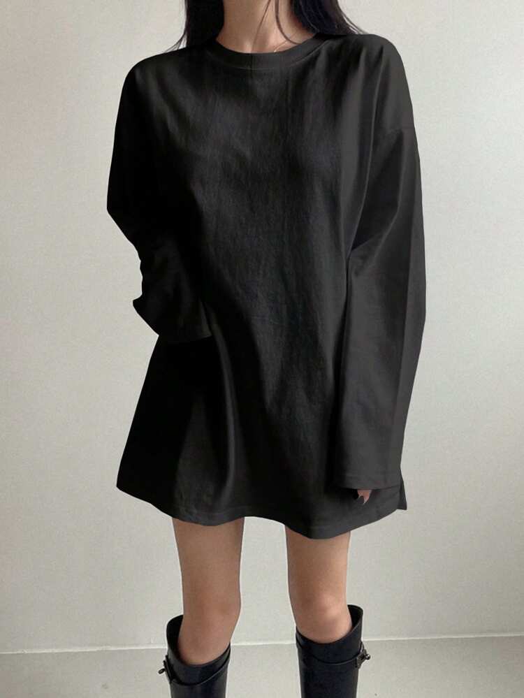 Women's Black Solid Color Loose Round Neck Long Sleeve T-Shirt, Spring & Autumn,Fall Women Clothes