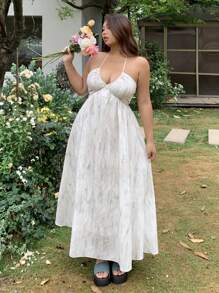 Dazy Plus Váy Maxi Đi Biển Hở Lưng Cổ Chữ V Sâu In Hoa Gradient, Xuân/Hè, Váy Thường Ngày Cho Nữ - trắng - Xem 3