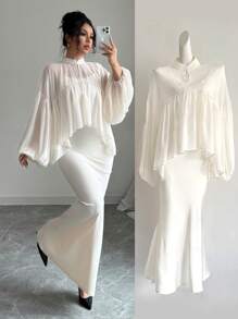 Selianne 2 件女式新款中国风雪纺罩衫 - 飘逸立领防晒披肩上衣和轻质罩衫，适合夏季和裙子 - 白色 - 查看 4