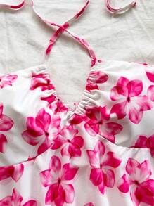 Soleia Femme Blouse ras-du-cou à Nouer Devant avec Imprimé Floral Rose et Blanc pour Vacances, Mariage, Fête, Vacances, Festival de Musique, Style Bohème Chic - Rose bonbon - Voir 5