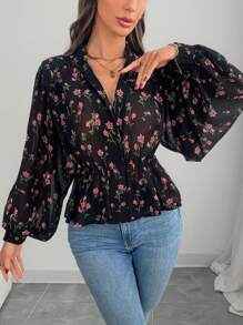 EMERY ROSE Women's Ditsy Floral Lantern Sleeve Loose Blouse, Suitable For Vacation - Black - View 5