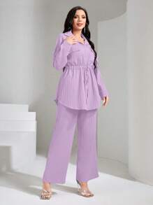 Graceveil 翻盖口袋抽绳腰衬衫和阔腿裤两件套 - 淡紫色 - 查看 5