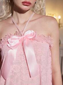 Spicy Aura 2pcs Women Princess Sweet Pink Floral Lace Sheer Layered Exaggerated Bow Ruffle Cake Dress Nightgown,Summer,Sexy,Party,Wedding Guest - Pink - View 6