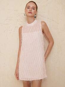 Aveloria Rosie New French Fashion Noble Lady Sweet Style Delicate Simple Generous High-End Exquisite See-Through Silver Thread Tassel Fabric Sleeveless Round Neck Slightly Loose Women Short Dress Elegant FashionableOld Money Style  For Summer