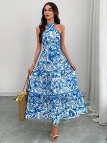 EMERY ROSE 女士优雅花卉印花露背连衣裙 - 藍色 - 查看 1